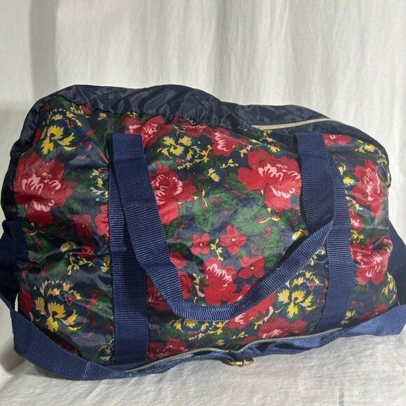 Convertible Stow-n-Go Bag, Navy Red Floral Print Packable Overnight Bag - Picture 1 of 11